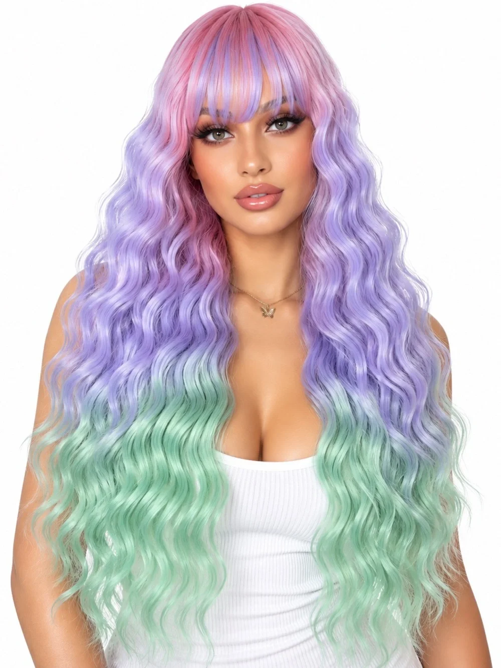 Pastel Pink, Lavender & Mint Long Wavy Wig with Bangs 24 inches long